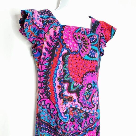 Vintage Sun Fashions Hawaii Floral Maxi Dress 12 Shift Flutter Sleeves Pink - Picture 2 of 5